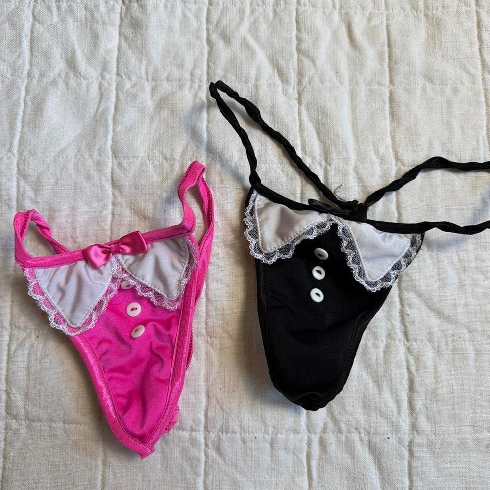 Party Panty French Maid Thong Set Secret Pocket Dancer Pink Black Lingerie